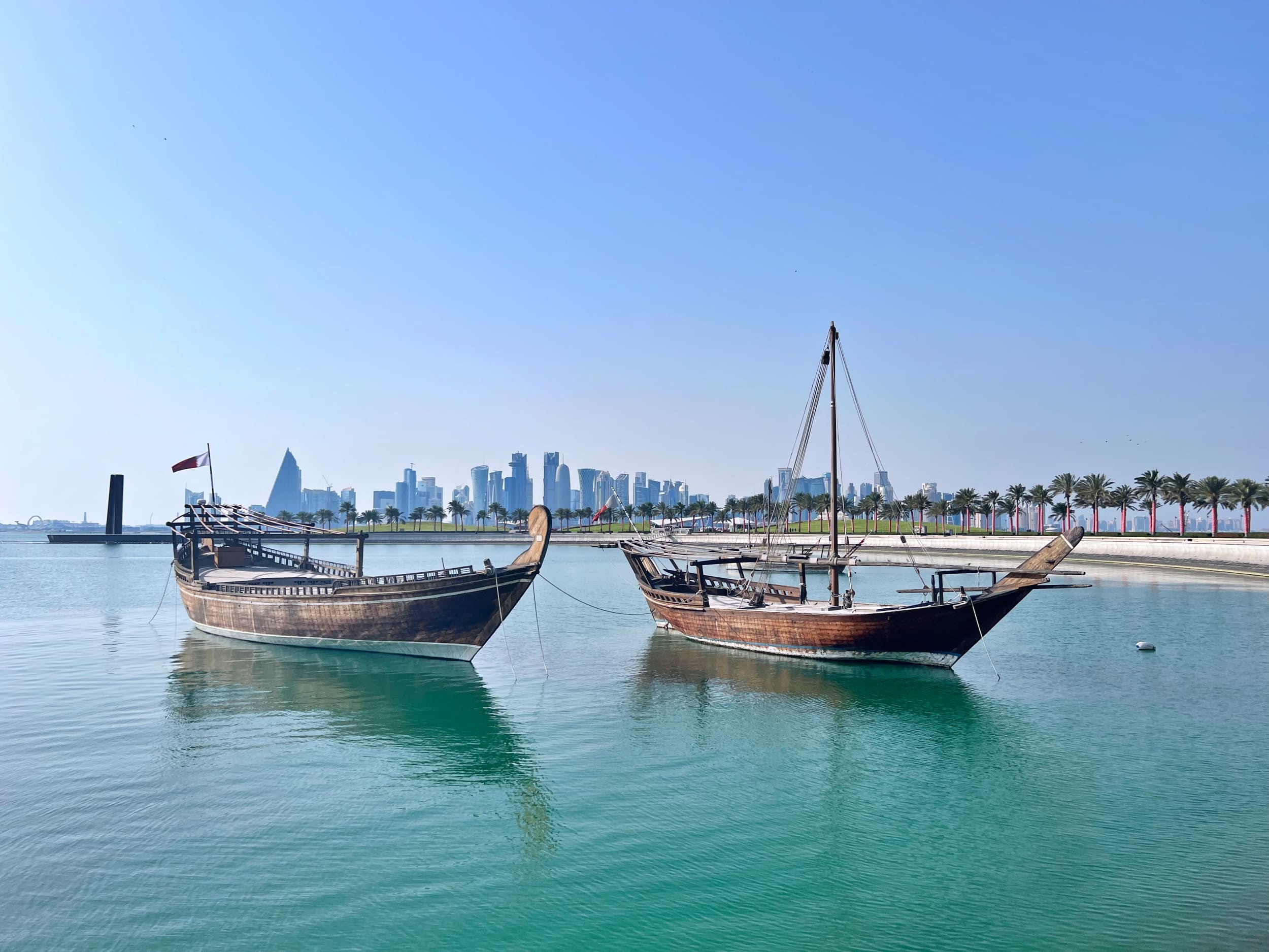 Dhow boats along the Corniche in Doha