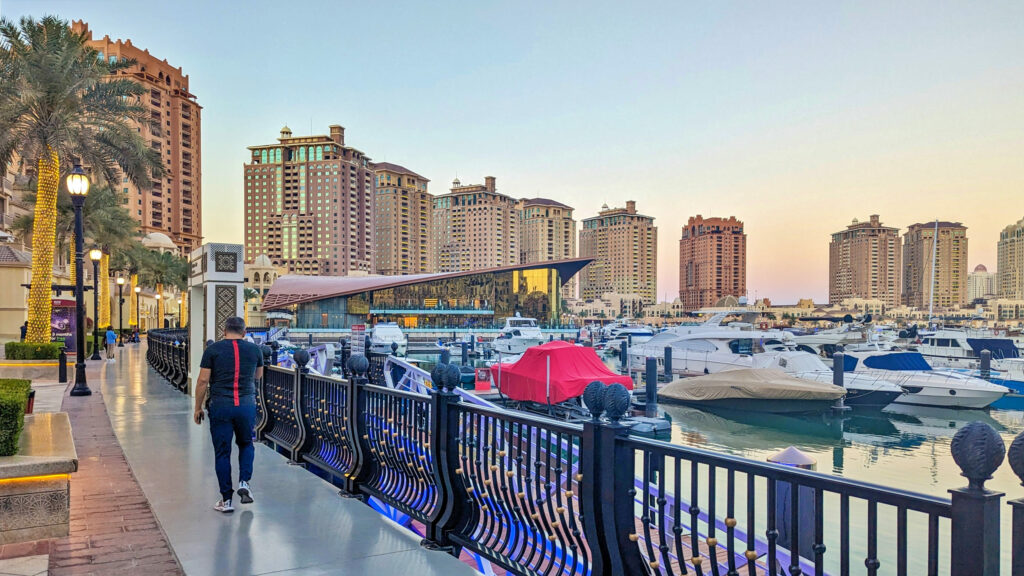 The waterfront promenade at Pearl Qatar